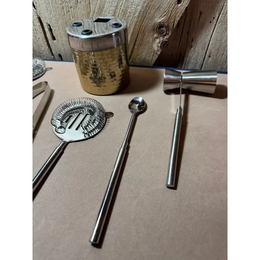 Hammered Brass Barcraft Cocktail Tool Kit & Stand 6 Piece Barware Set Drinks